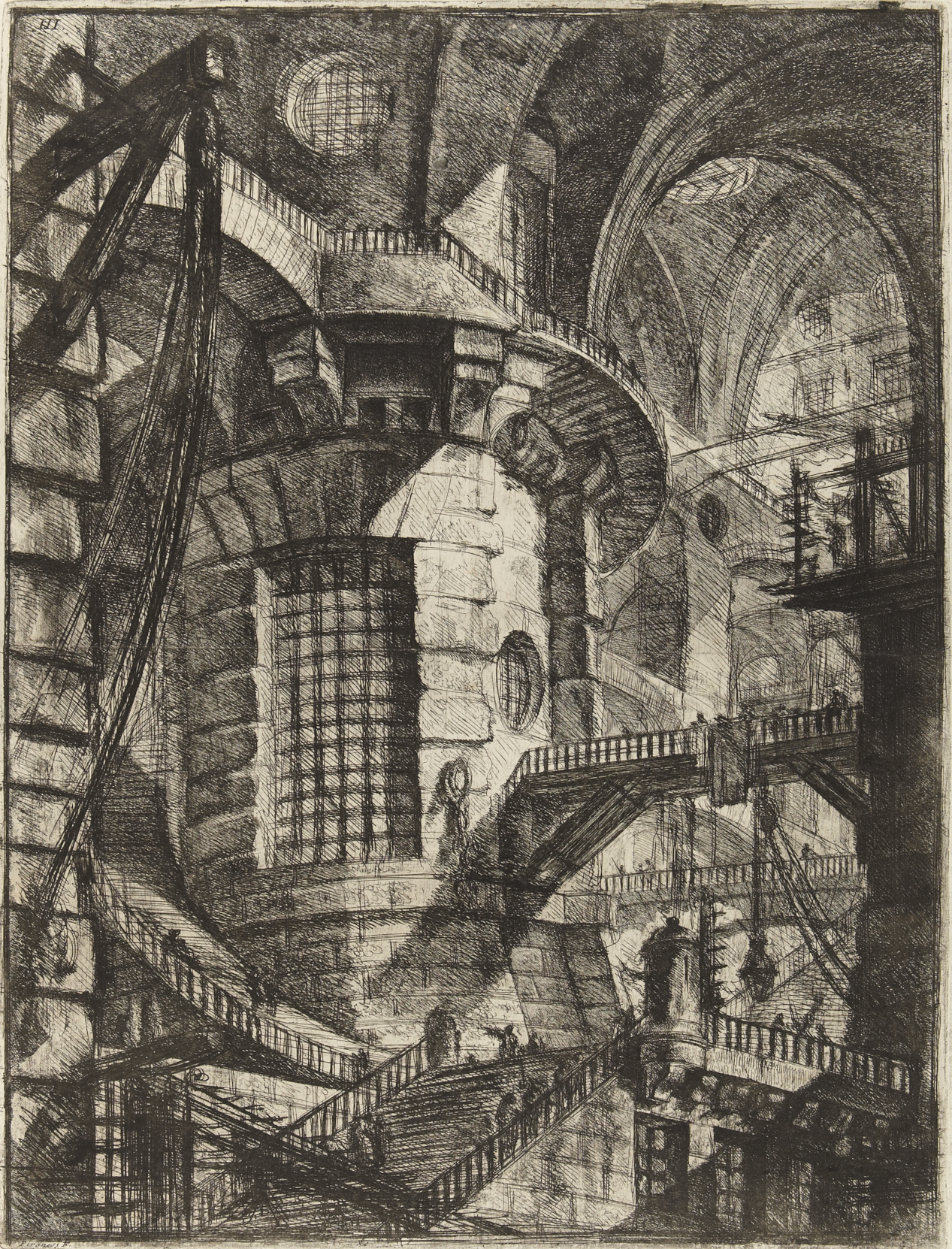 Dramatic architectural etching of a round tower