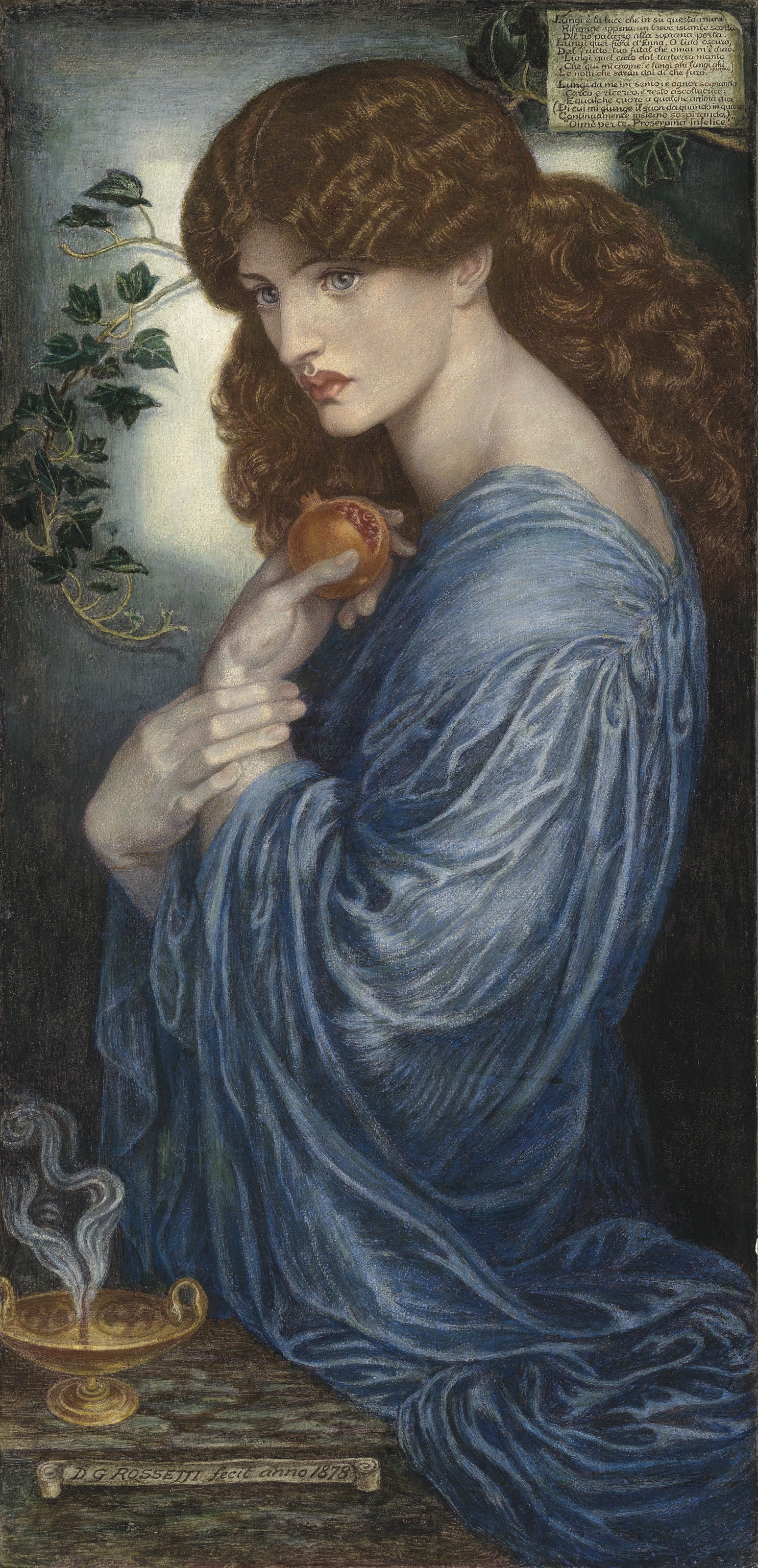 Classical painting of a woman holding a pomegranate in dramatic light