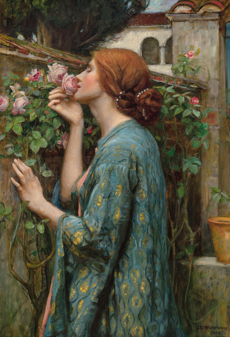 Classical painting of a woman among roses